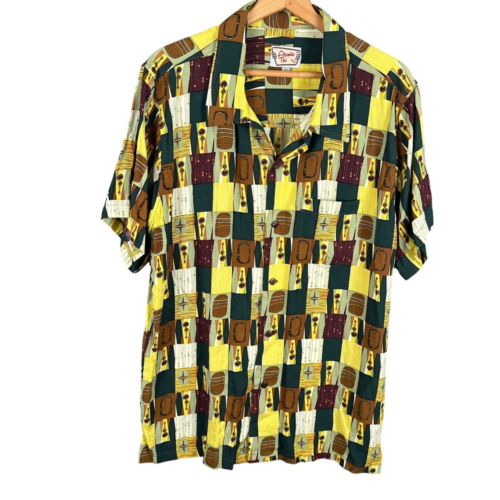 Atomic Tiki Mens XXL Rayon Button Down Shirt Mid Century Modern loophole collar